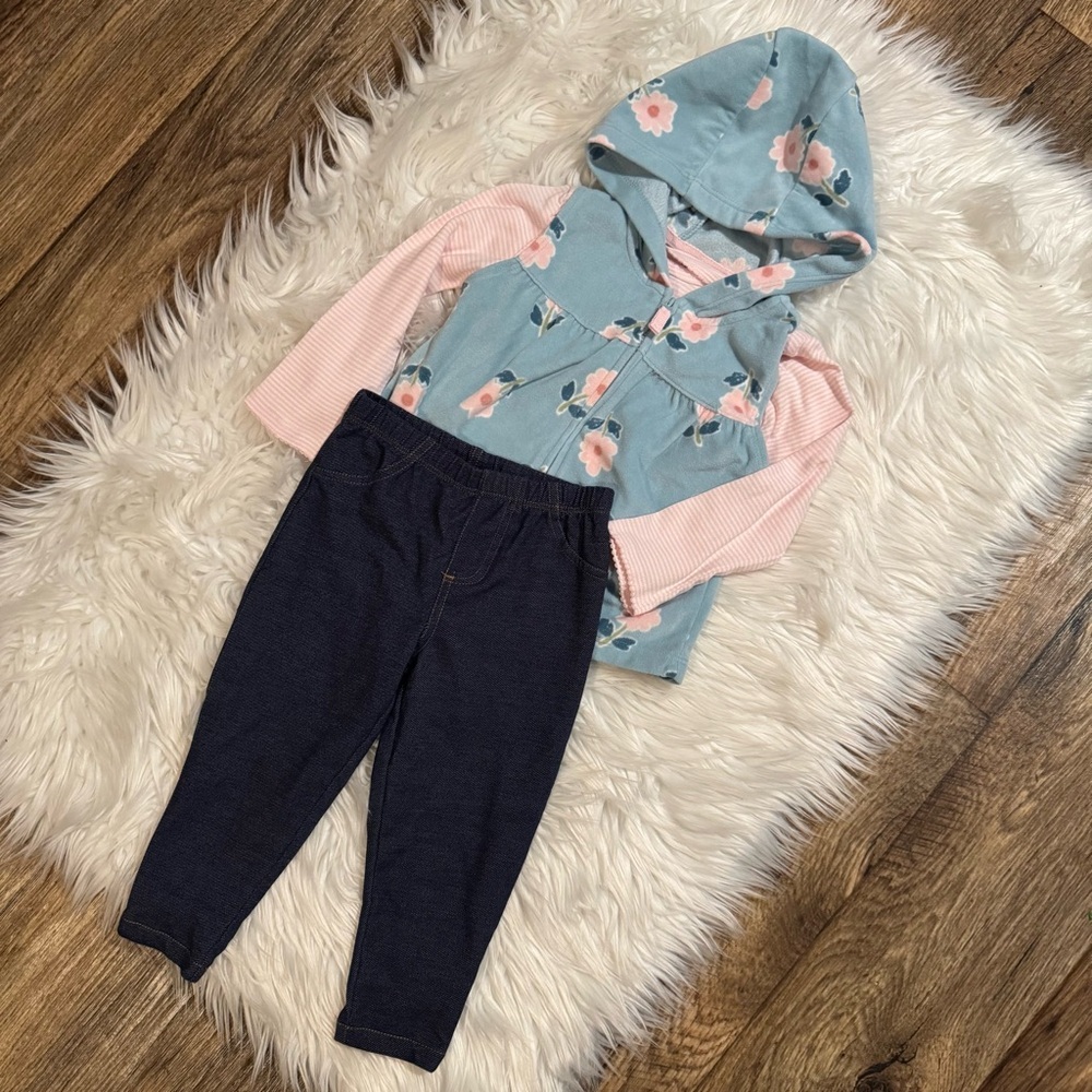 Carter’s Toddler 24M‎ 3pc Floral Hoodie Vest, Striped Bodysuit & Jeggings Outfit